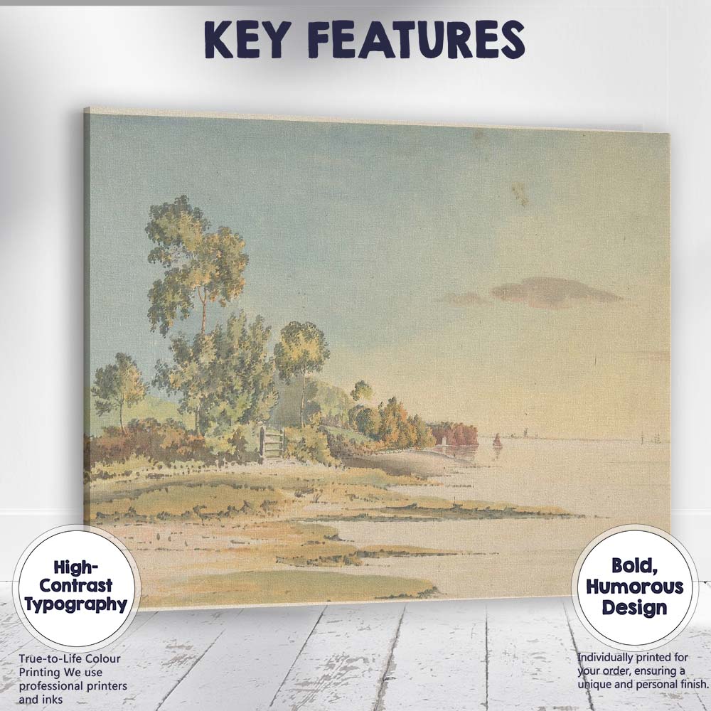 Coastal Shoreline Trees and Calm Sea Watercolour Landscape Canvas Wall Art Print Decor Picture Ready to Hang