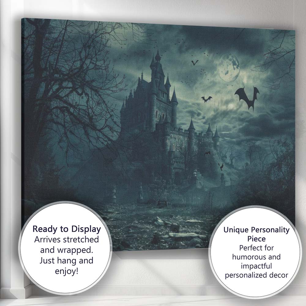 Victorian Gothic Castle Bats Full Moon Haunted Night Scene Canvas Wall Art Print Decor Picture Ready to Hang