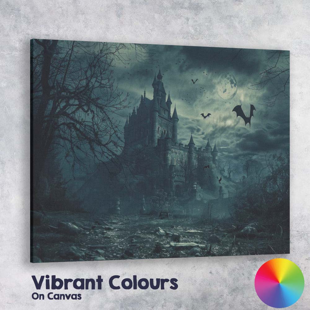 Victorian Gothic Castle Bats Full Moon Haunted Night Scene Canvas Wall Art Print Decor Picture Ready to Hang