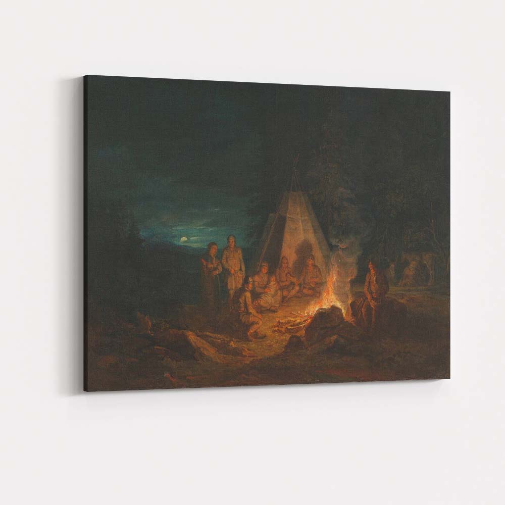 Moonlit Woodland Campfire Historical Gathering Night Scene Canvas Wall Art Print Decor Picture Ready to Hang