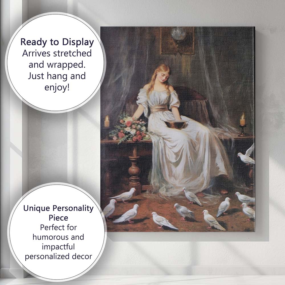 Victorian Woman with White Doves Candlelit Interior Canvas Wall Art Print Decor Picture Ready to Hang