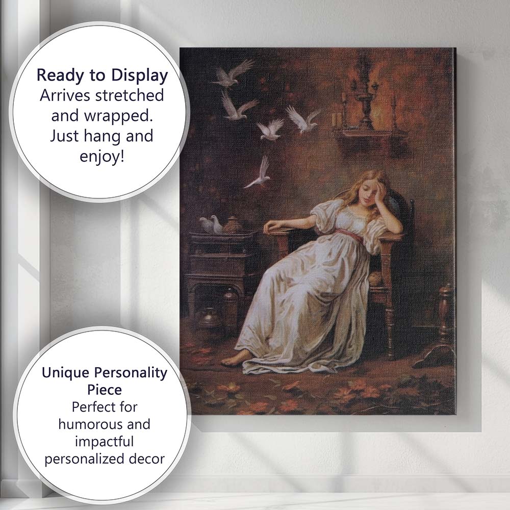 Sleeping Victorian Lady with Doves Atmospheric Interior Canvas Wall Art Print Decor Picture Ready to Hang