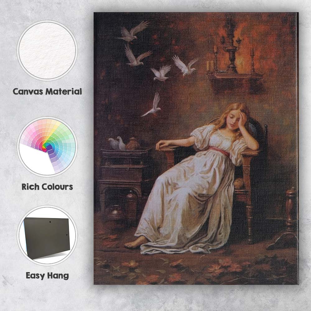 Sleeping Victorian Lady with Doves Atmospheric Interior Canvas Wall Art Print Decor Picture Ready to Hang