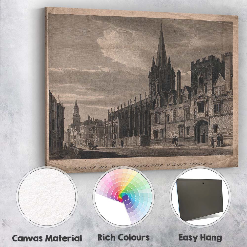 Historic Oxford Gothic College and Church Engraving Canvas Wall Art Print Decor Picture Ready to Hang