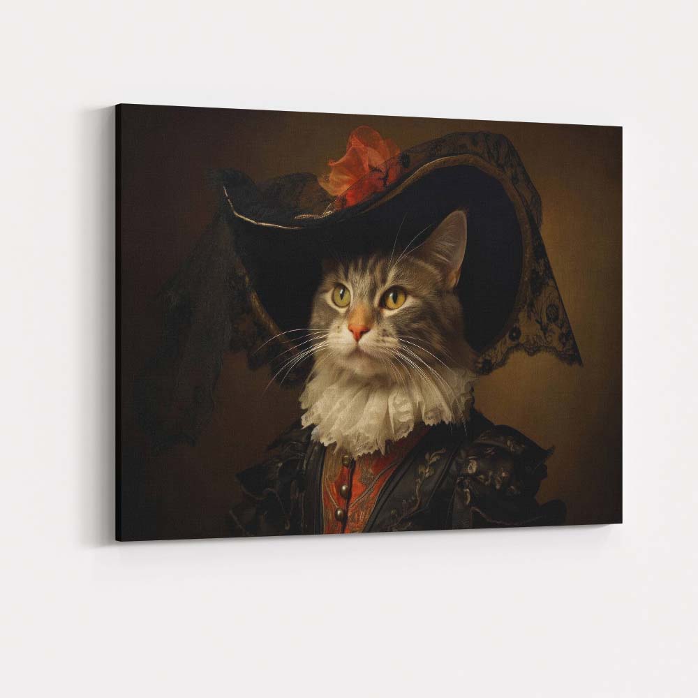 Elegant Cat Portrait in Renaissance Style Costume Canvas Wall Art Print Decor Picture Ready to Hang