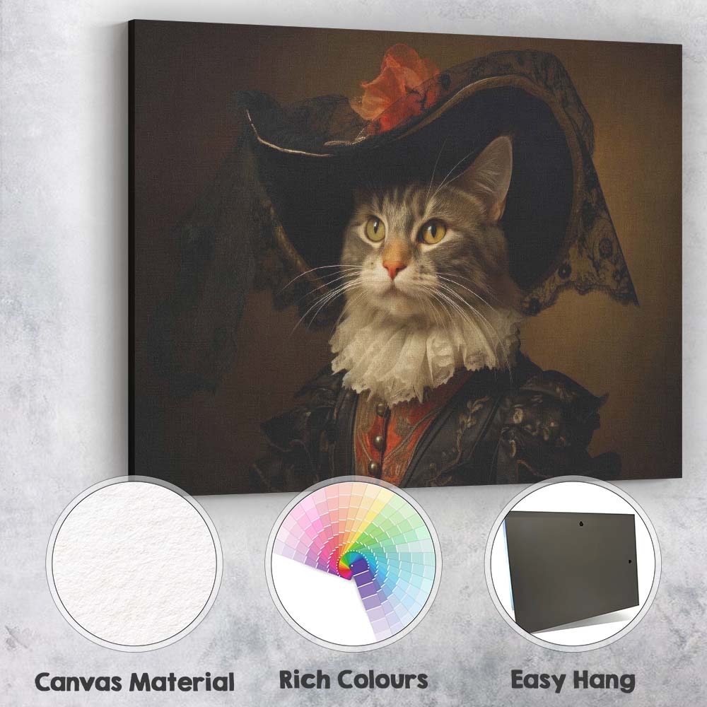 Elegant Cat Portrait in Renaissance Style Costume Canvas Wall Art Print Decor Picture Ready to Hang