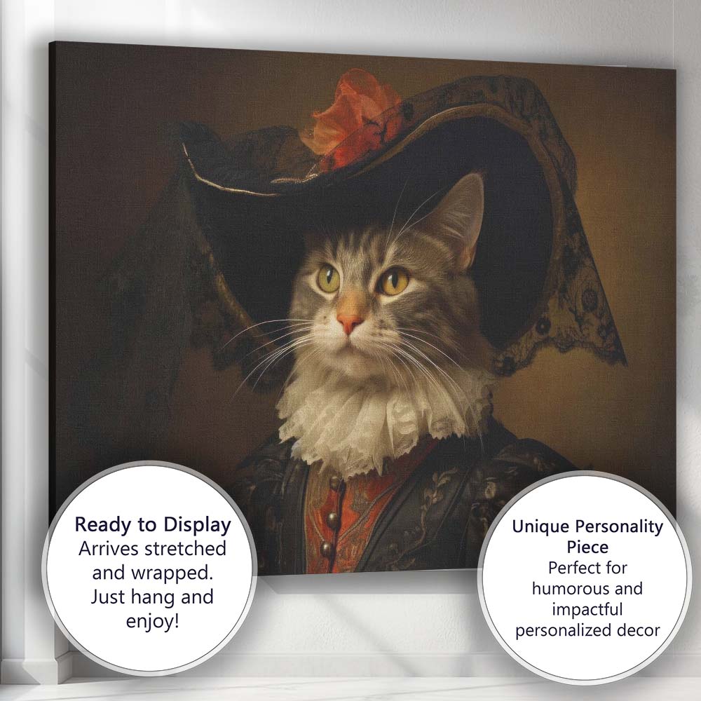 Elegant Cat Portrait in Renaissance Style Costume Canvas Wall Art Print Decor Picture Ready to Hang