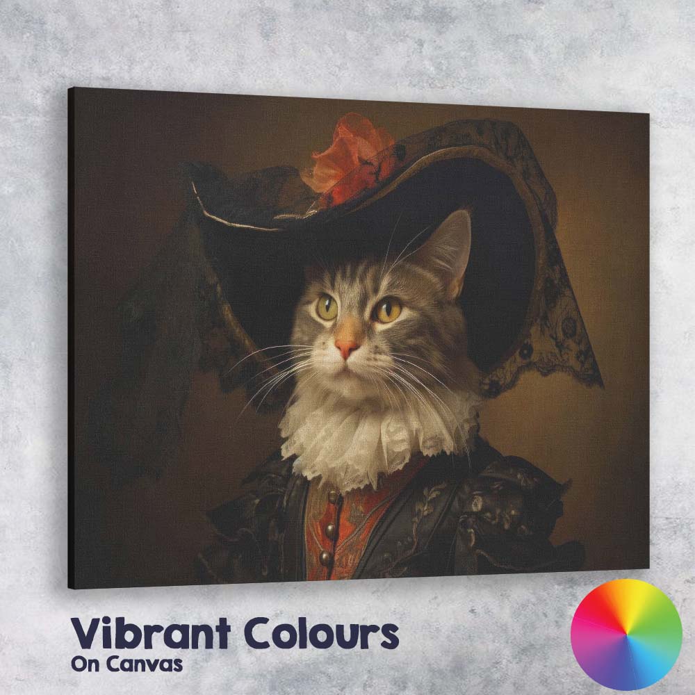 Elegant Cat Portrait in Renaissance Style Costume Canvas Wall Art Print Decor Picture Ready to Hang