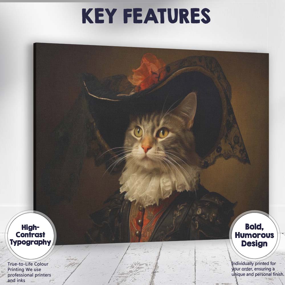 Elegant Cat Portrait in Renaissance Style Costume Canvas Wall Art Print Decor Picture Ready to Hang