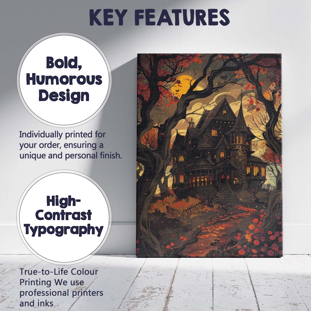 Whimsical Gothic Haunted House Autumn Forest Illustration Canvas Wall Art Print Decor Picture Ready to Hang