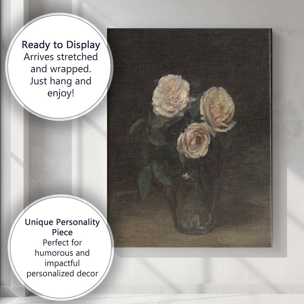 Blush Pink Garden Roses in Glass Vase Floral Still Life Canvas Wall Art Print Decor Picture Ready to Hang