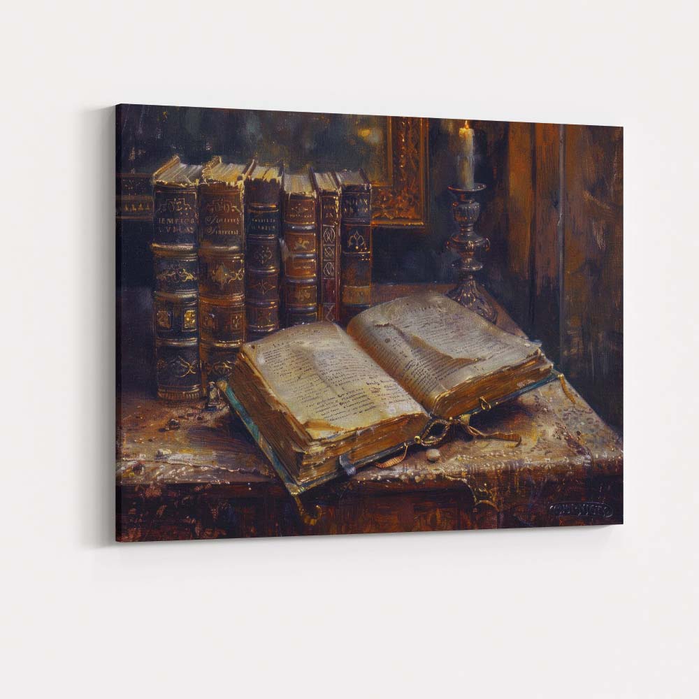 Antique Books and Candle Literary Still Life Oil Painting Canvas Wall Art Print Decor Picture Ready to Hang