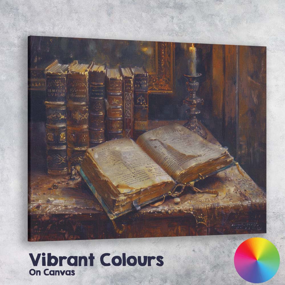 Antique Books and Candle Literary Still Life Oil Painting Canvas Wall Art Print Decor Picture Ready to Hang