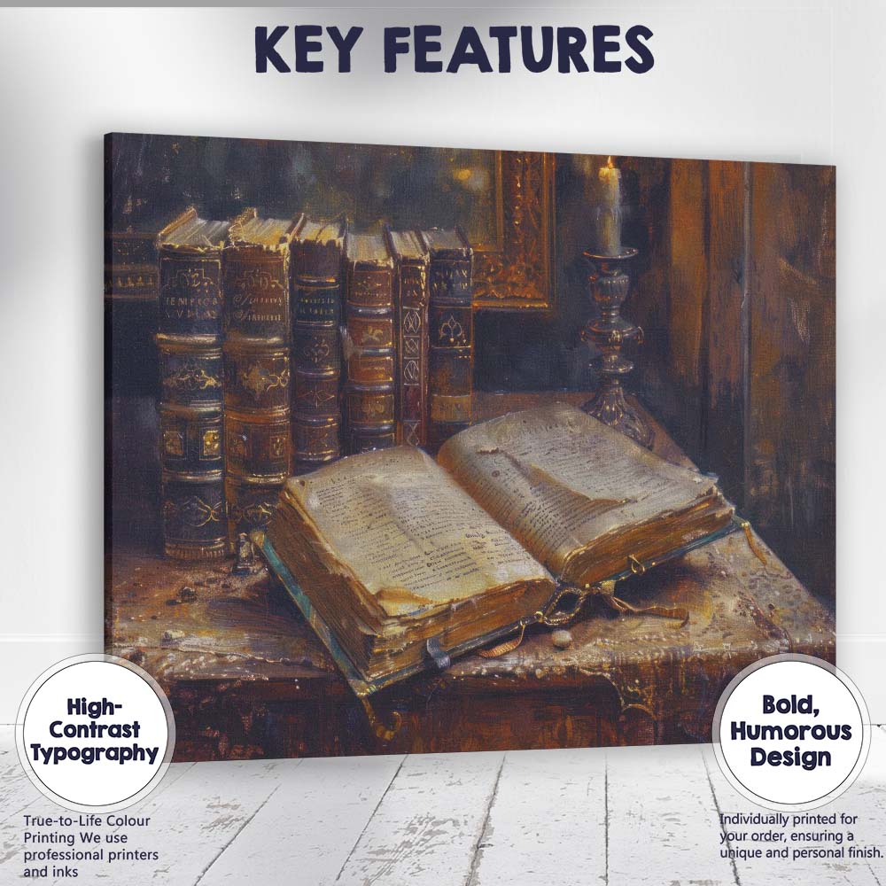 Antique Books and Candle Literary Still Life Oil Painting Canvas Wall Art Print Decor Picture Ready to Hang