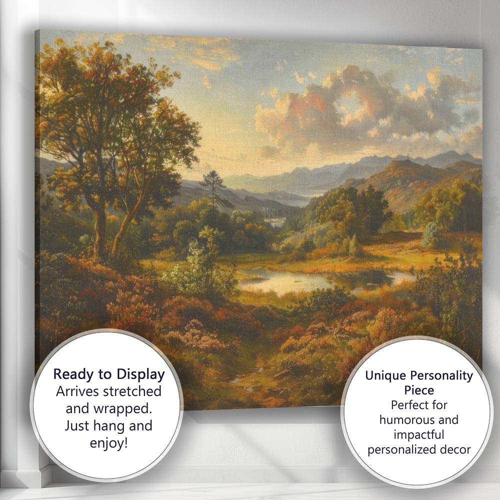 Golden Countryside Lake and Mountain Scenic Landscape Painting Canvas Wall Art Print Decor Picture Ready to Hang
