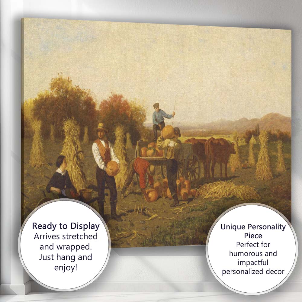 Autumn Pumpkin Harvest Farm Workers Rural Landscape Painting Canvas Wall Art Print Decor Picture Ready to Hang