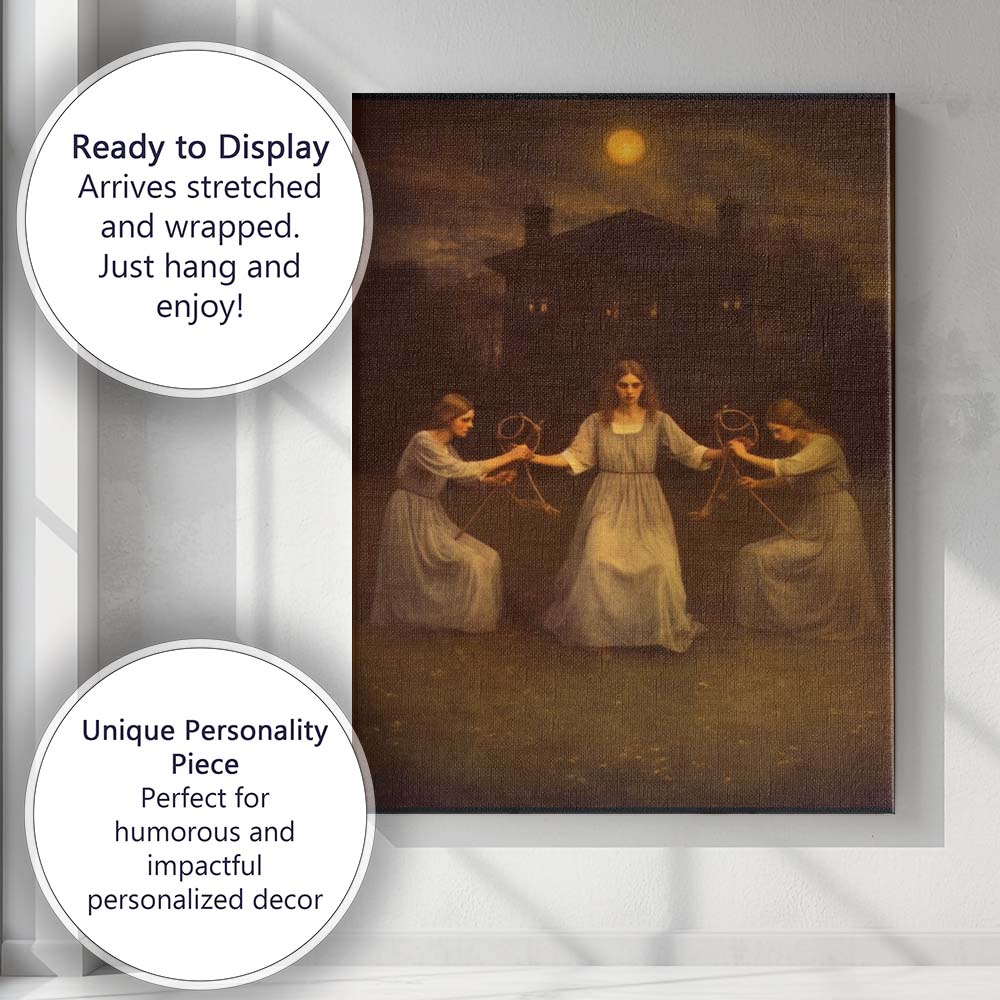 Mystical Moonlit Women With String Dolls Gothic Fantasy Canvas Wall Art Print Decor Picture Ready to Hang