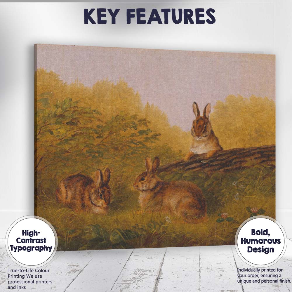 Autumn Rabbit Trio in Meadow Countryside Wildlife Painting Canvas Wall Art Print Decor Picture Ready to Hang