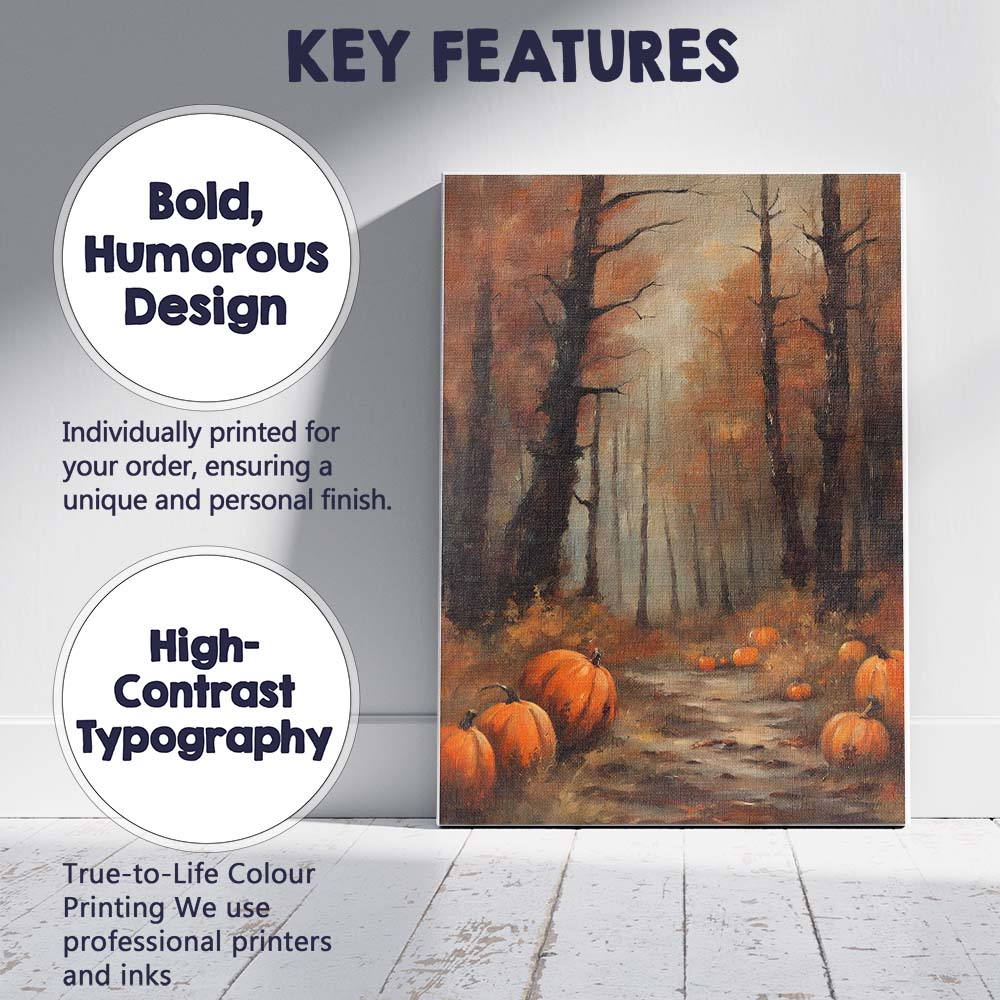 Autumn Pumpkin Woodland Forest Path Seasonal Painting Canvas Wall Art Print Decor Picture Ready to Hang