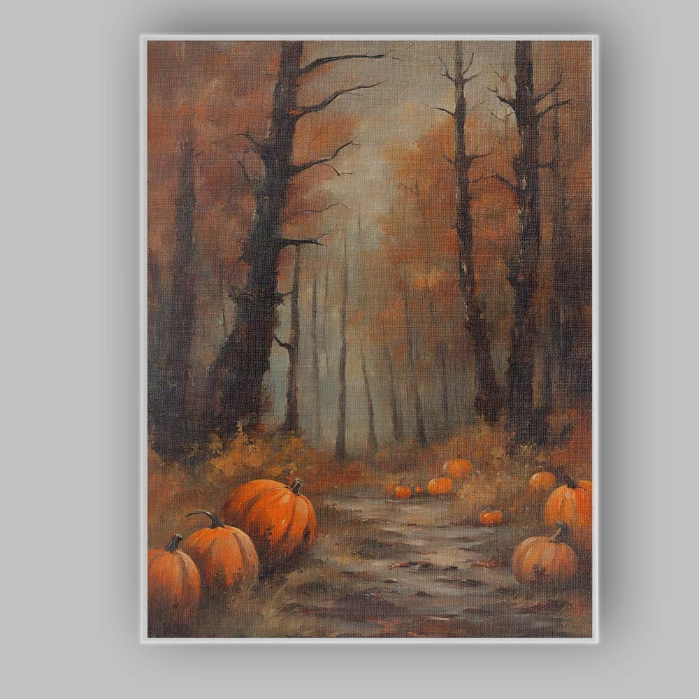Autumn Pumpkin Woodland Forest Path Seasonal Painting Canvas Wall Art Print Decor Picture Ready to Hang