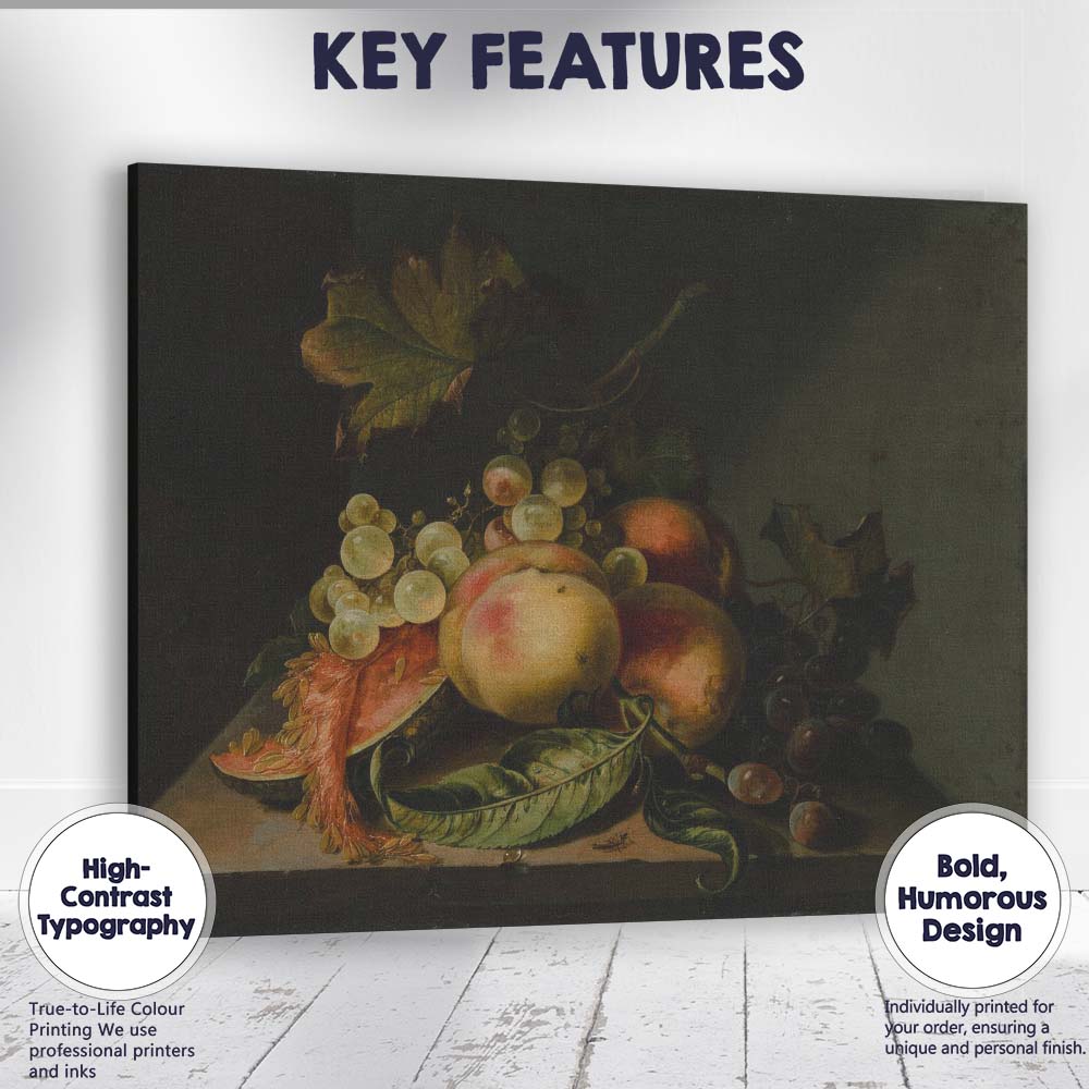 Dutch Master Fruit Still Life With Grapes Melon And Peaches Canvas Wall Art Print Decor Picture Ready to Hang