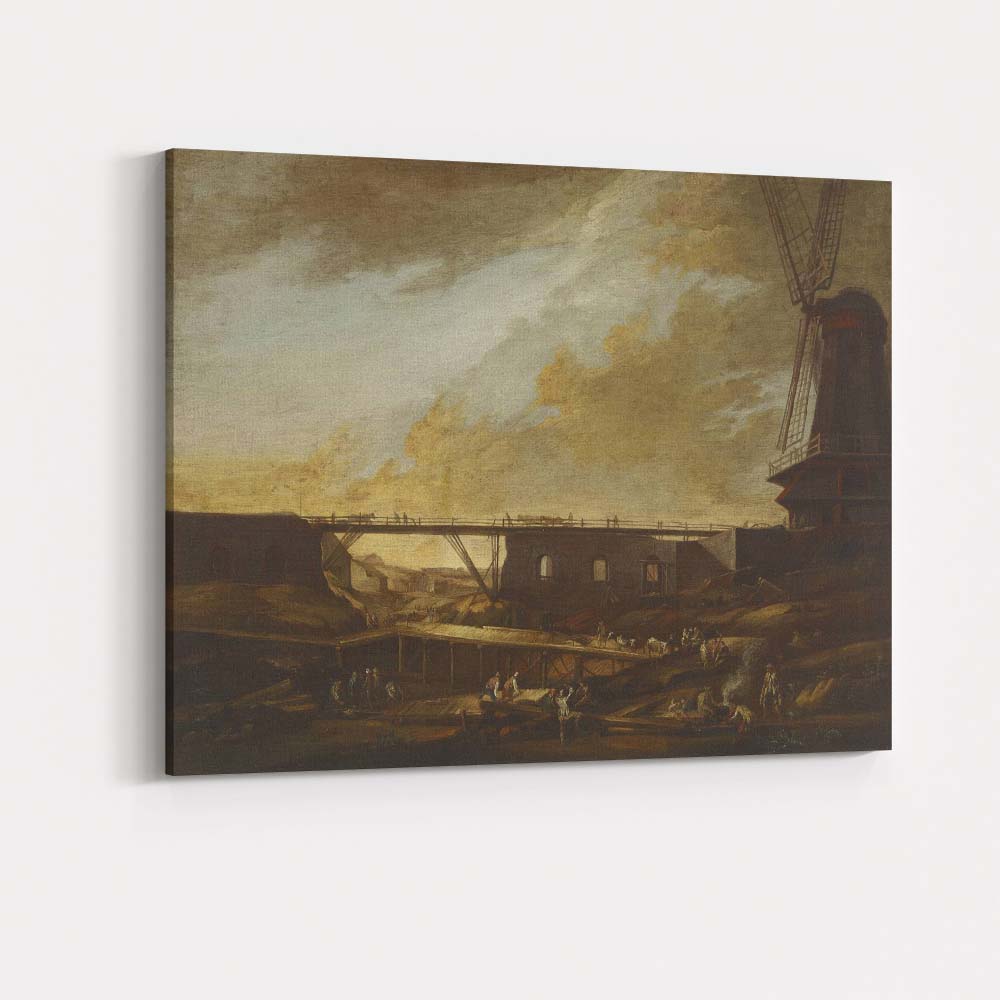 Historic Windmill Construction Scene Sepia Landscape Canvas Wall Art Print Decor Picture Ready to Hang