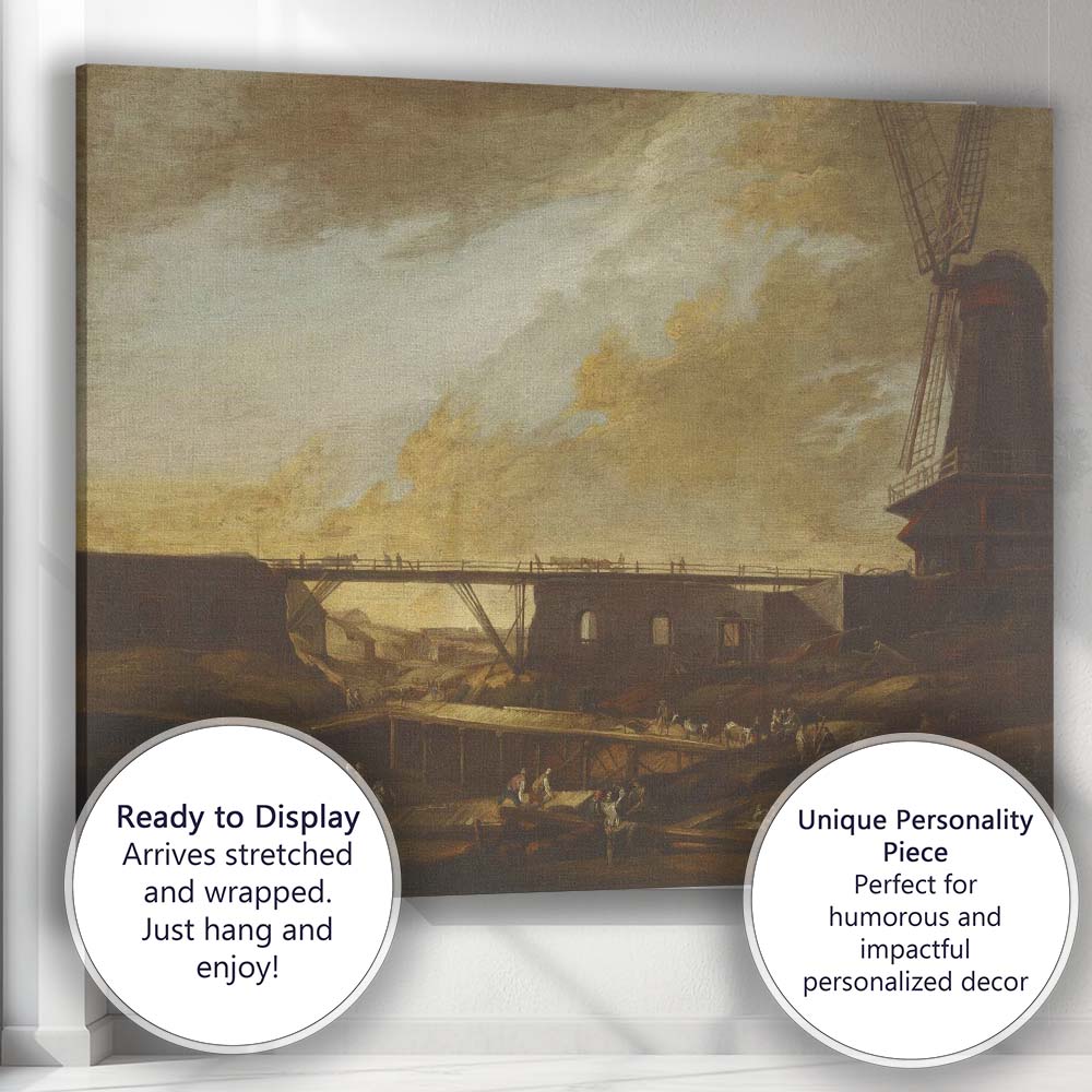 Historic Windmill Construction Scene Sepia Landscape Canvas Wall Art Print Decor Picture Ready to Hang