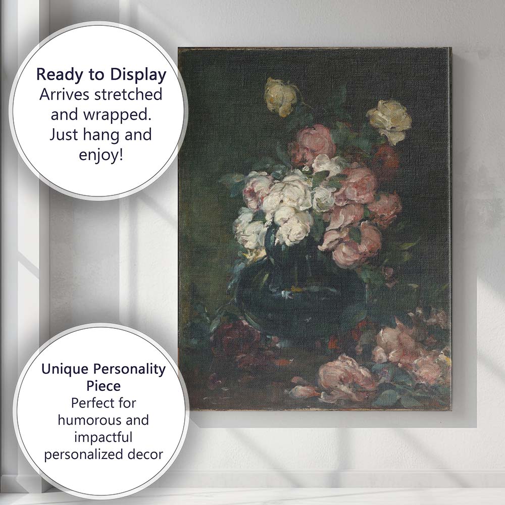 Pink White Roses Floral Bouquet Impressionist Still Life Canvas Wall Art Print Decor Picture Ready to Hang