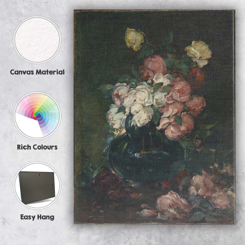 Pink White Roses Floral Bouquet Impressionist Still Life Canvas Wall Art Print Decor Picture Ready to Hang