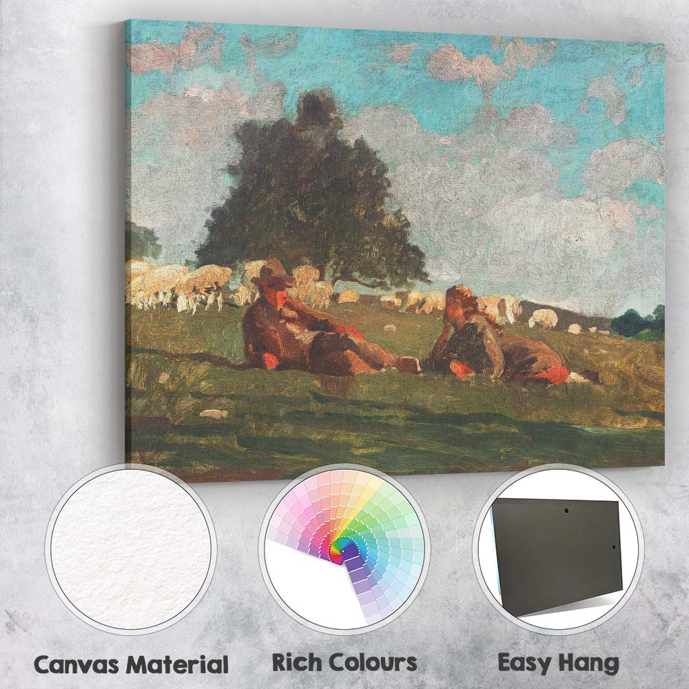 Pastoral Shepherd Resting with Sheep Rural Landscape Painting Canvas Wall Art Print Decor Picture Ready to Hang
