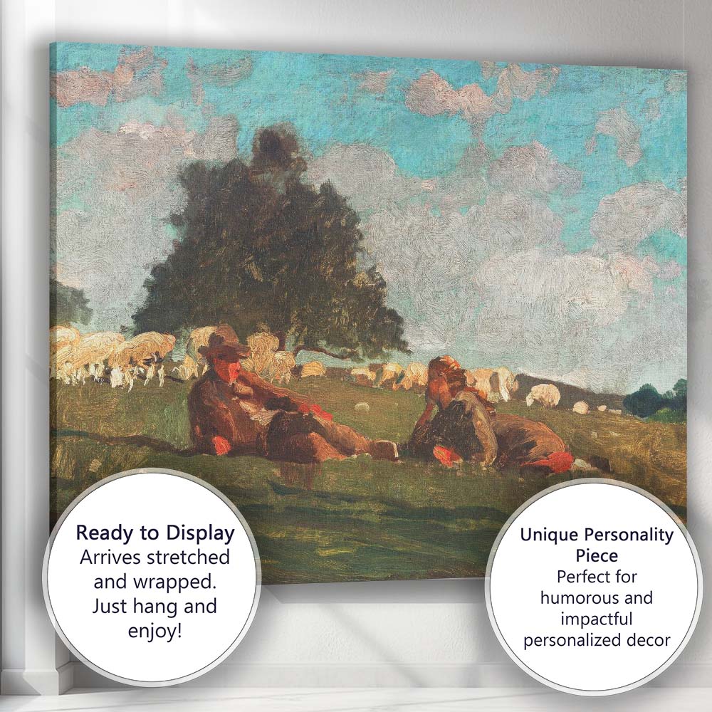 Pastoral Shepherd Resting with Sheep Rural Landscape Painting Canvas Wall Art Print Decor Picture Ready to Hang