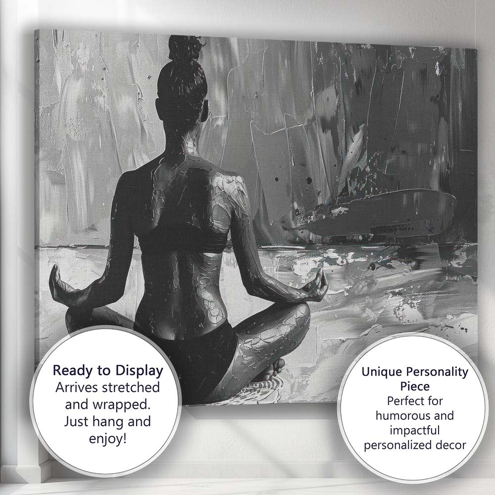Monochrome Abstract Meditating Figure Textured Contemporary Zen Canvas Wall Art Print Decor Picture Ready to Hang