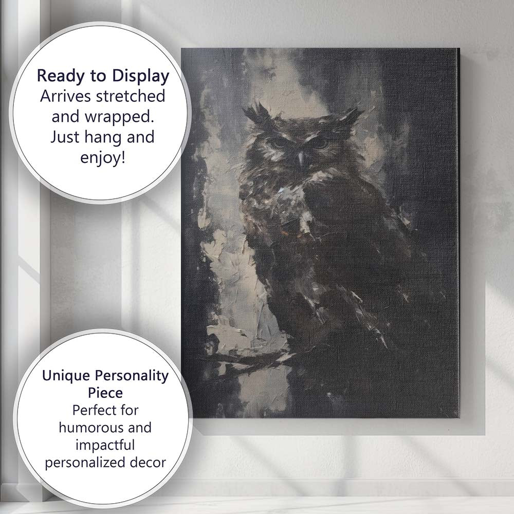 Dark Moody Owl Wildlife Abstract Textured Painting Canvas Wall Art Print Decor Picture Ready to Hang