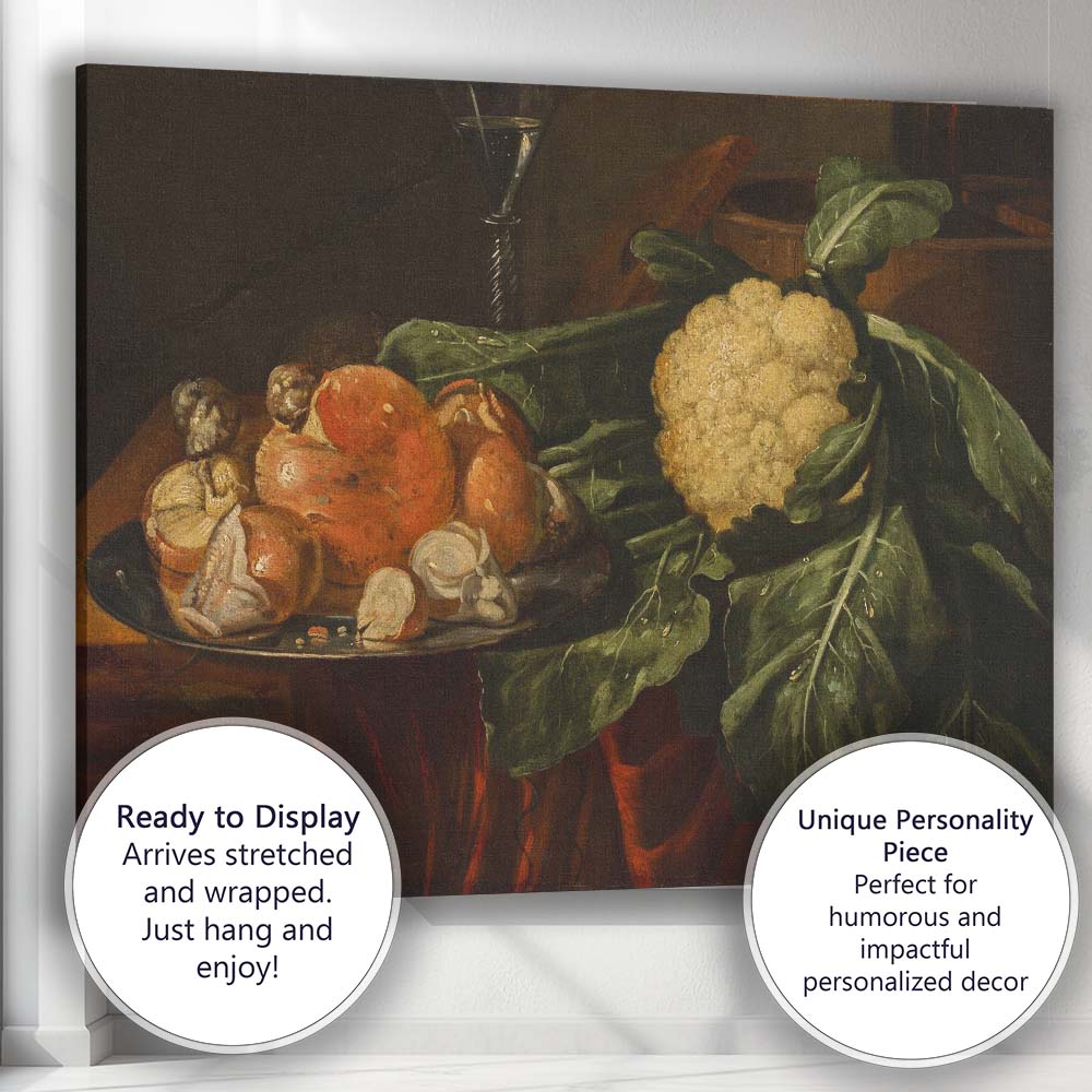 Traditional Still Life Cauliflower and Mushrooms Rustic Kitchen Art Canvas Wall Art Print Decor Picture Ready to Hang
