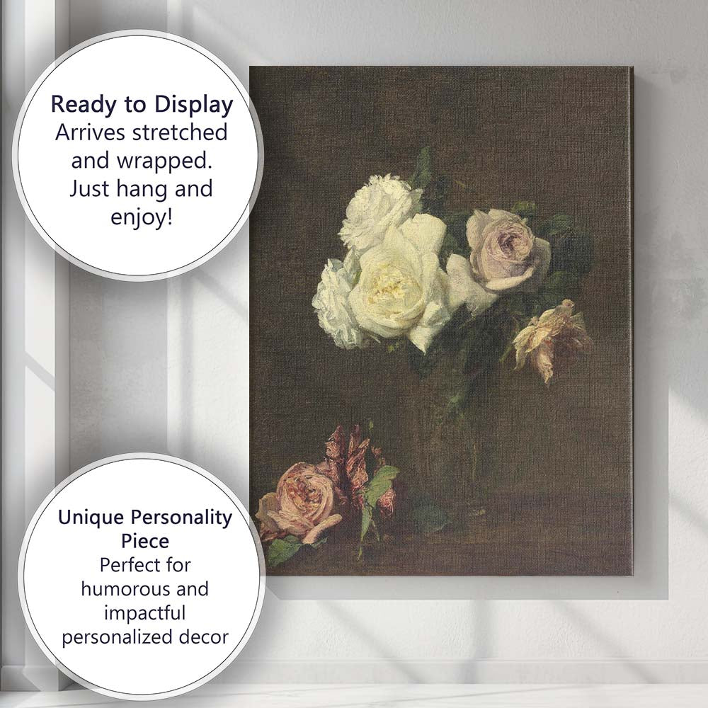 White Rose Bouquet Dark Background Romantic Floral Canvas Wall Art Print Decor Picture Ready to Hang