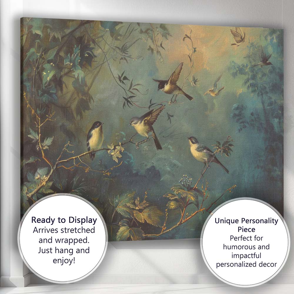 Woodland Songbirds In Enchanted Forest Nature Painting Canvas Wall Art Print Decor Picture Ready to Hang
