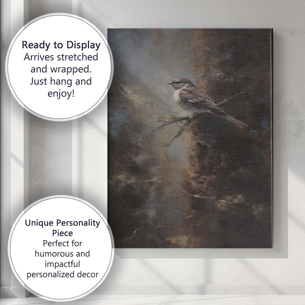 Moody Woodland Sparrow Bird Textured Oil Painting Canvas Wall Art Print Decor Picture Ready to Hang