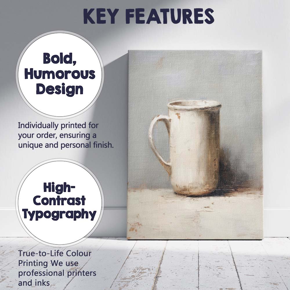 Minimalist White Ceramic Mug Neutral Still Life Painting Canvas Wall Art Print Decor Picture Ready to Hang