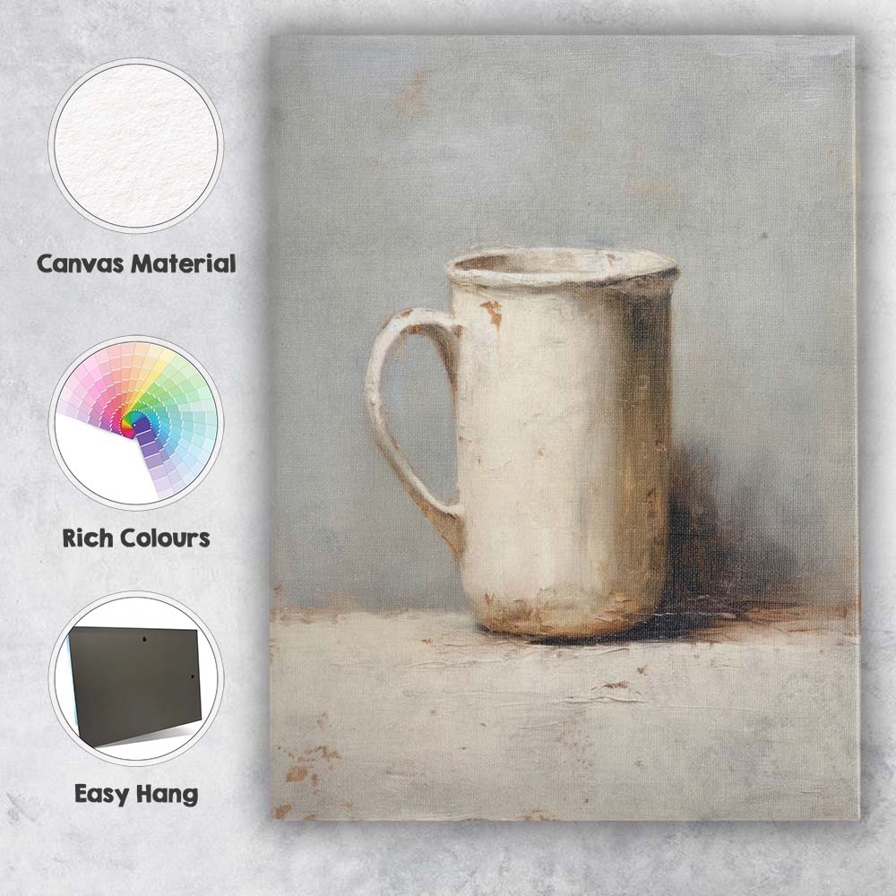 Minimalist White Ceramic Mug Neutral Still Life Painting Canvas Wall Art Print Decor Picture Ready to Hang