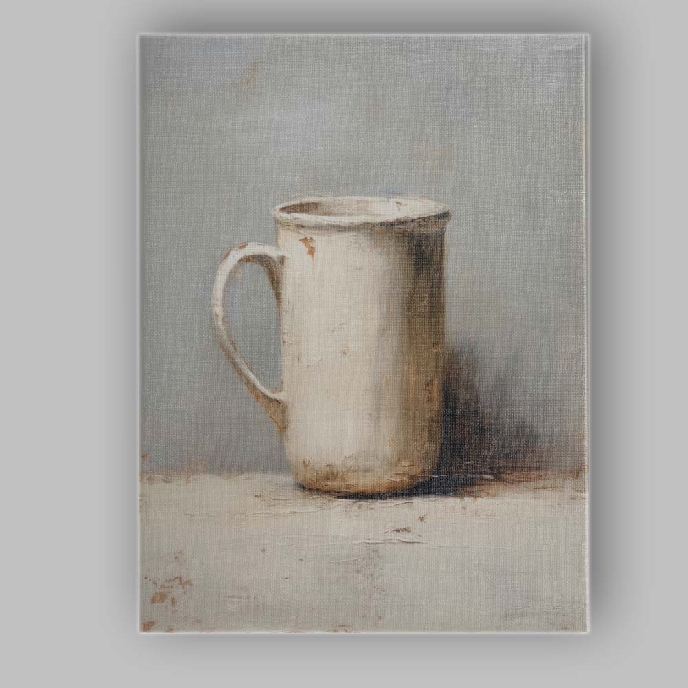 Minimalist White Ceramic Mug Neutral Still Life Painting Canvas Wall Art Print Decor Picture Ready to Hang
