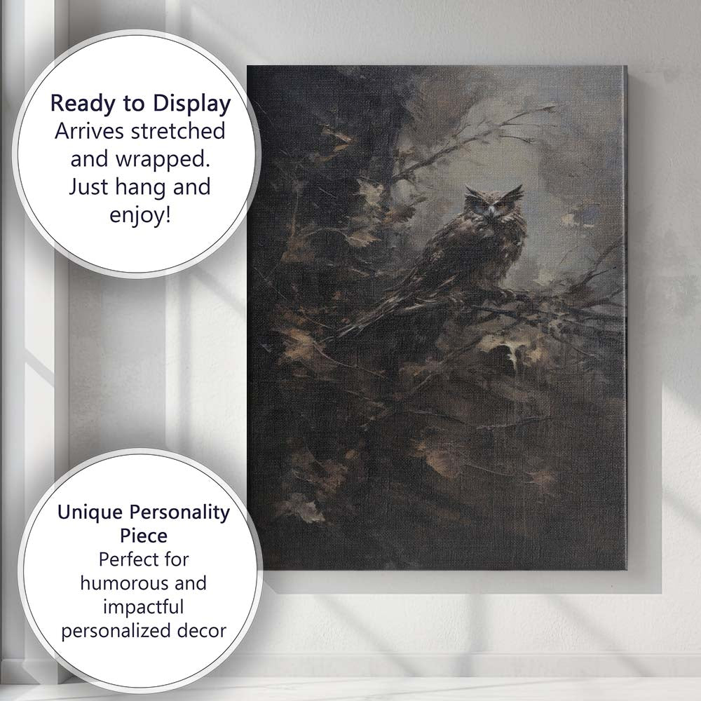 Dark Woodland Owl Atmospheric Wildlife Contemporary Painting Canvas Wall Art Print Decor Picture Ready to Hang