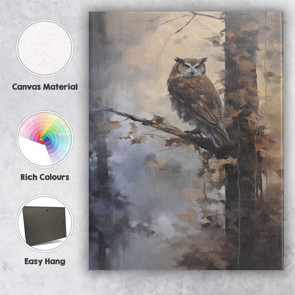 Woodland Owl Perched on Tree Atmospheric Wildlife Painting Canvas Wall Art Print Decor Picture Ready to Hang