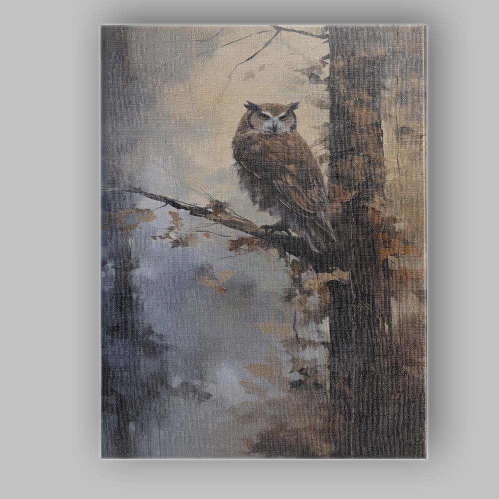 Woodland Owl Perched on Tree Atmospheric Wildlife Painting Canvas Wall Art Print Decor Picture Ready to Hang