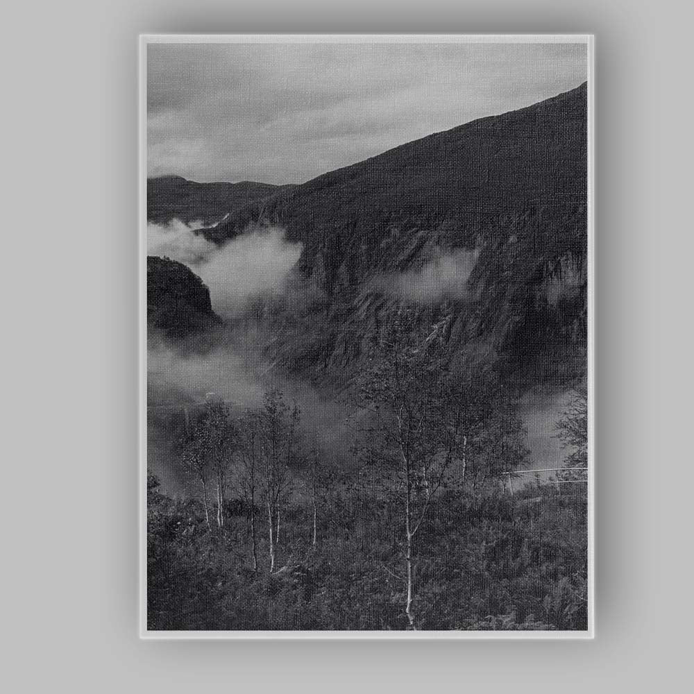 Fog Covered Canyon Black and White Dramatic Nature Photography Canvas Wall Art Print Decor Picture Ready to Hang