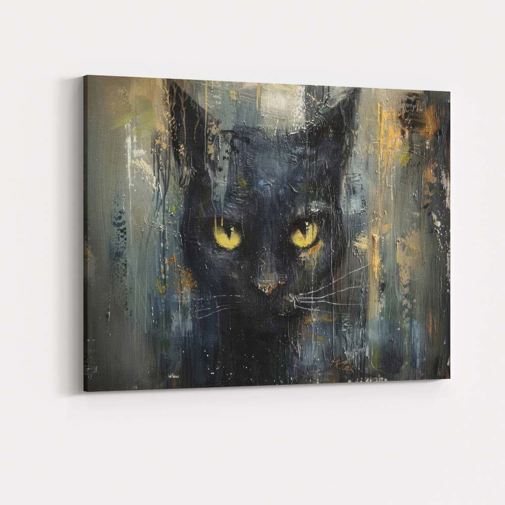Dark Black Cat Abstract Expressionist Animal Portrait Canvas Wall Art Print Decor Picture Ready to Hang