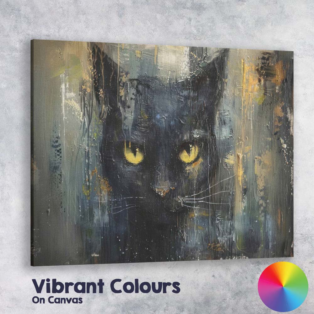 Dark Black Cat Abstract Expressionist Animal Portrait Canvas Wall Art Print Decor Picture Ready to Hang