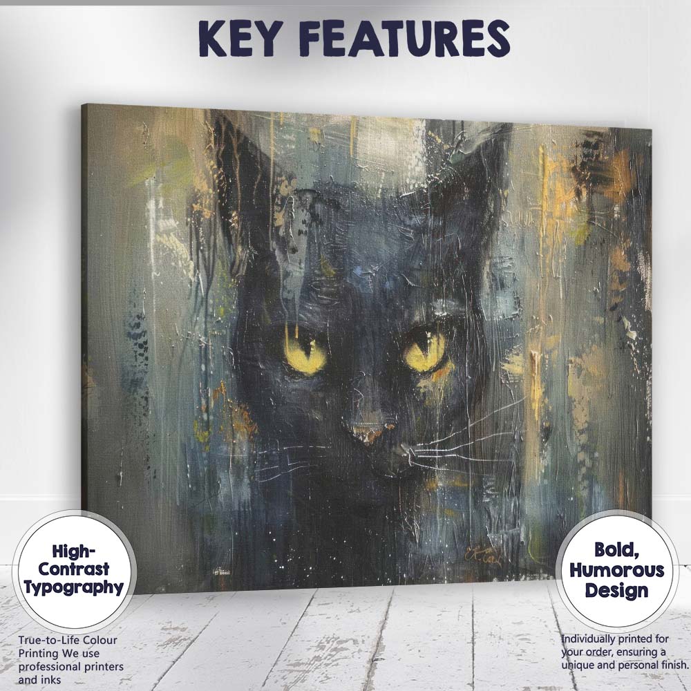 Dark Black Cat Abstract Expressionist Animal Portrait Canvas Wall Art Print Decor Picture Ready to Hang