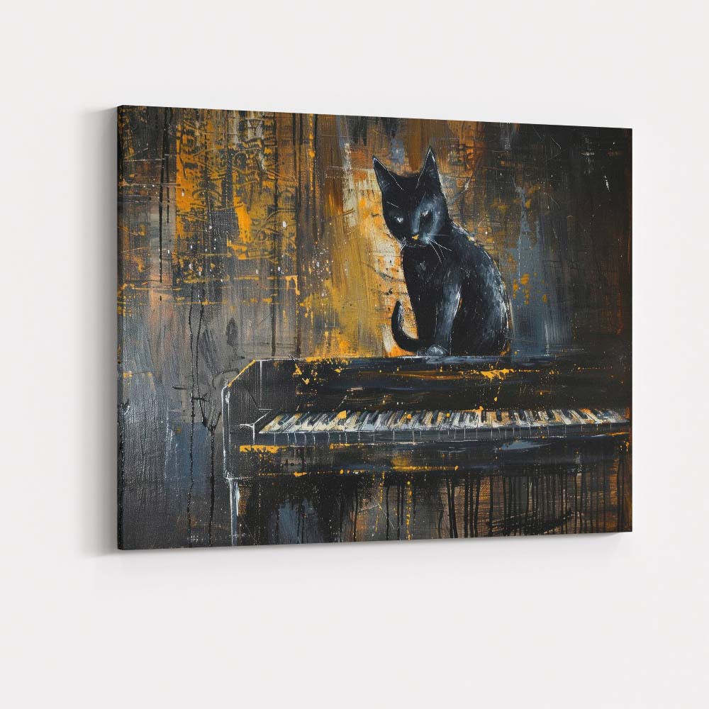 Black Cat Sitting on Piano Moody Abstract Gothic Painting Canvas Wall Art Print Decor Picture Ready to Hang