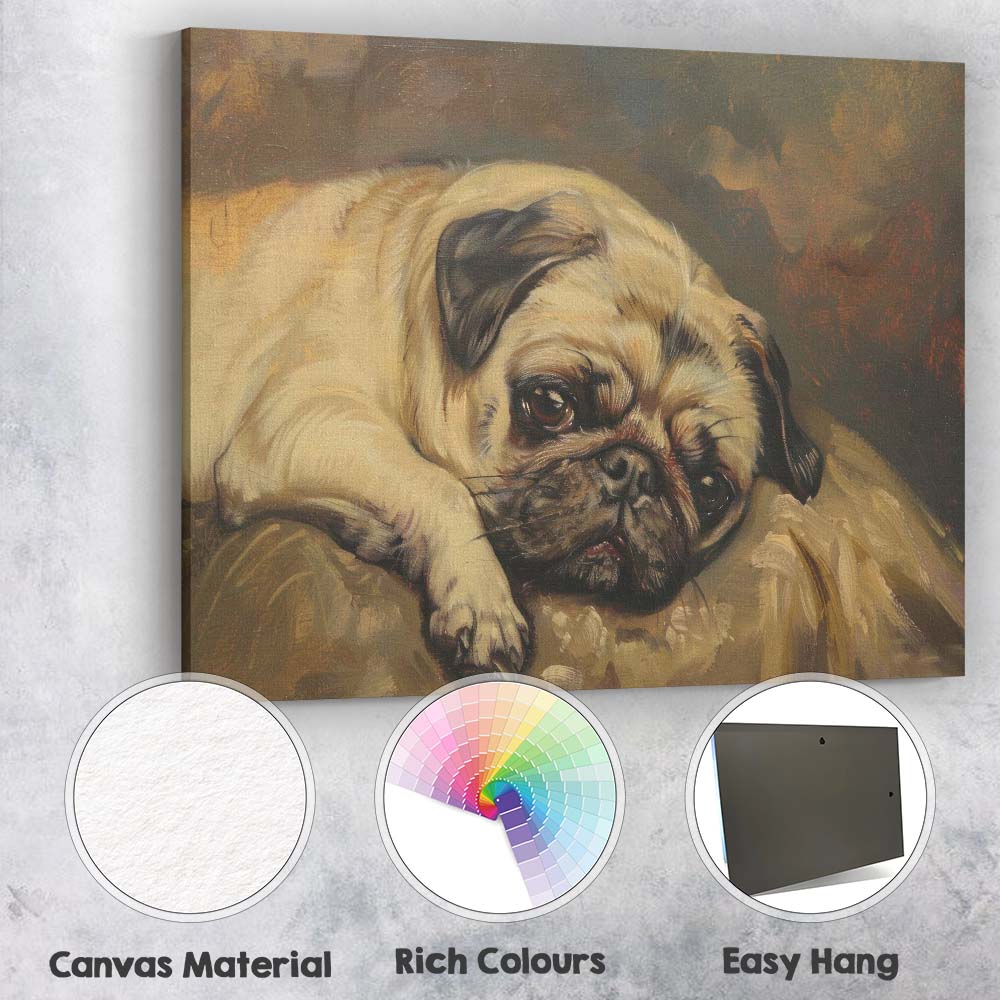 Sleepy Pug Dog Portrait Warm Neutral Toned Animal Painting Canvas Wall Art Print Decor Picture Ready to Hang