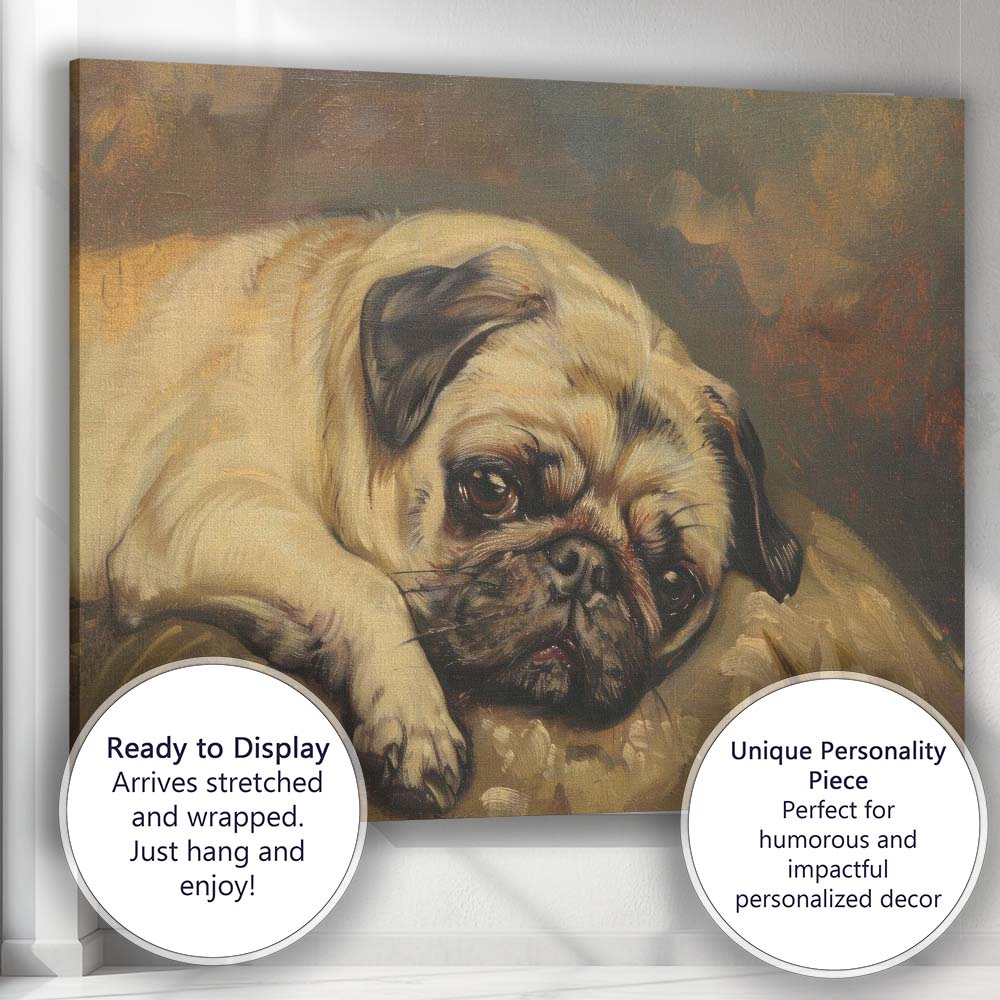 Sleepy Pug Dog Portrait Warm Neutral Toned Animal Painting Canvas Wall Art Print Decor Picture Ready to Hang